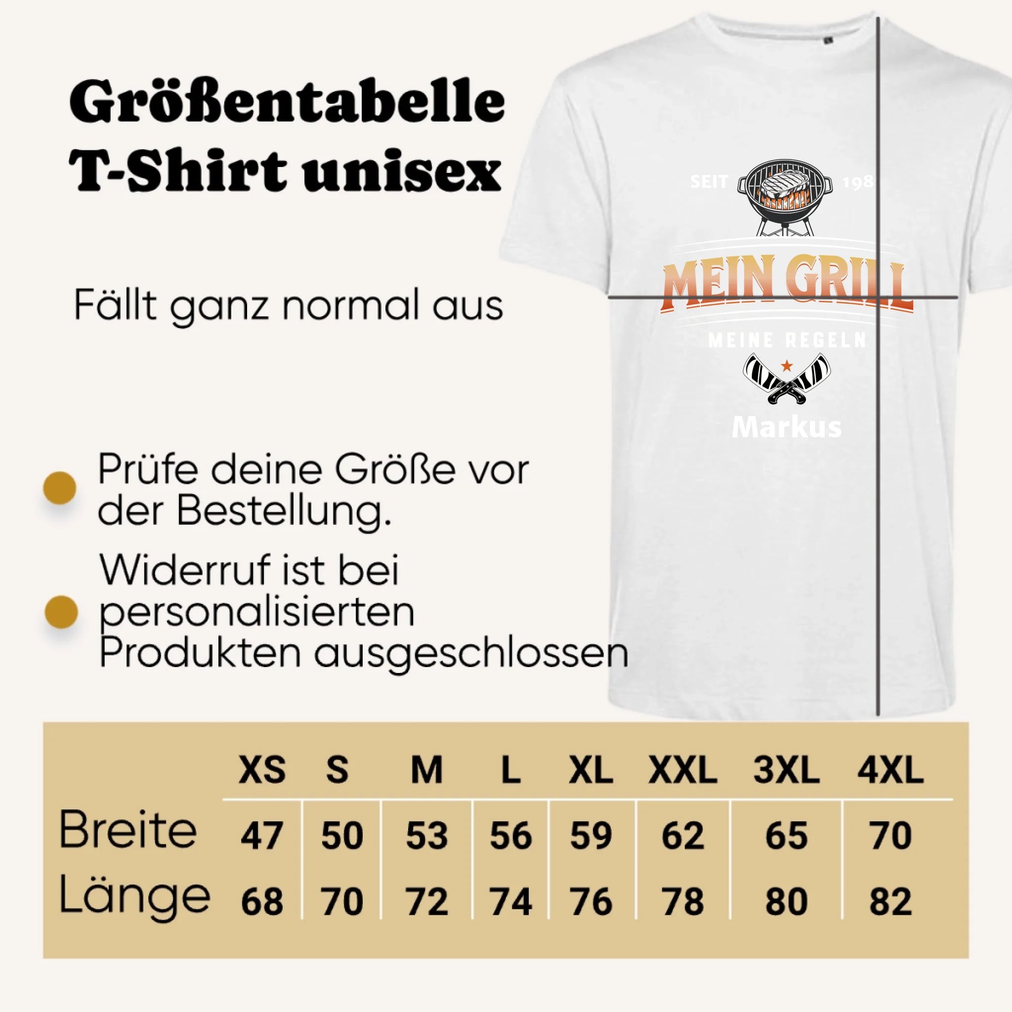 Personalisiertes T-shirt unisex - Größentabelle