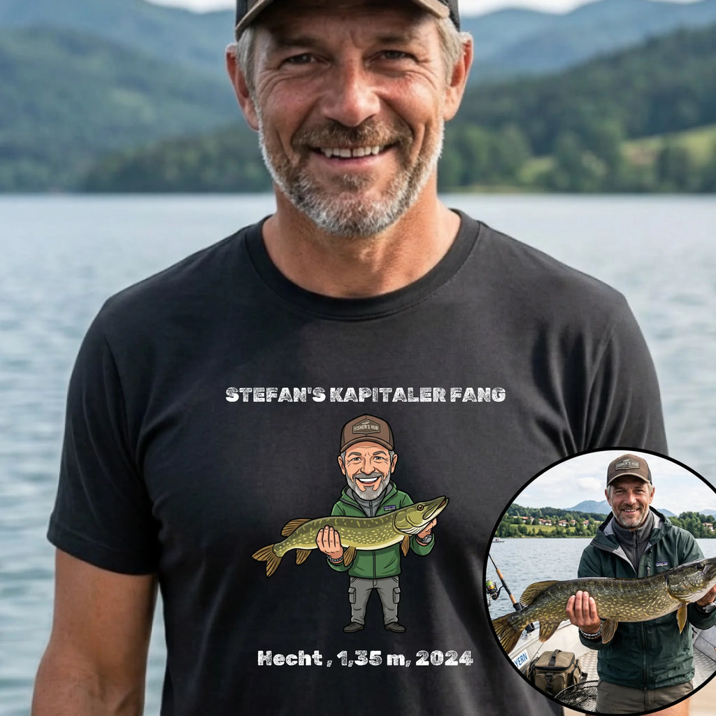 Angeln T-Shirt personalisiert mit Foto vom Fang – Geschenk für Angler