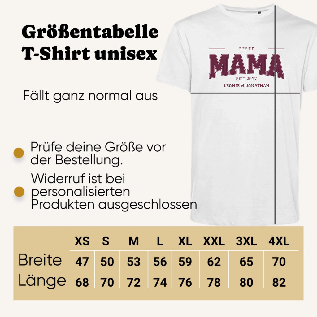 Personalisiertes T-shirt unisex - Größentabelle