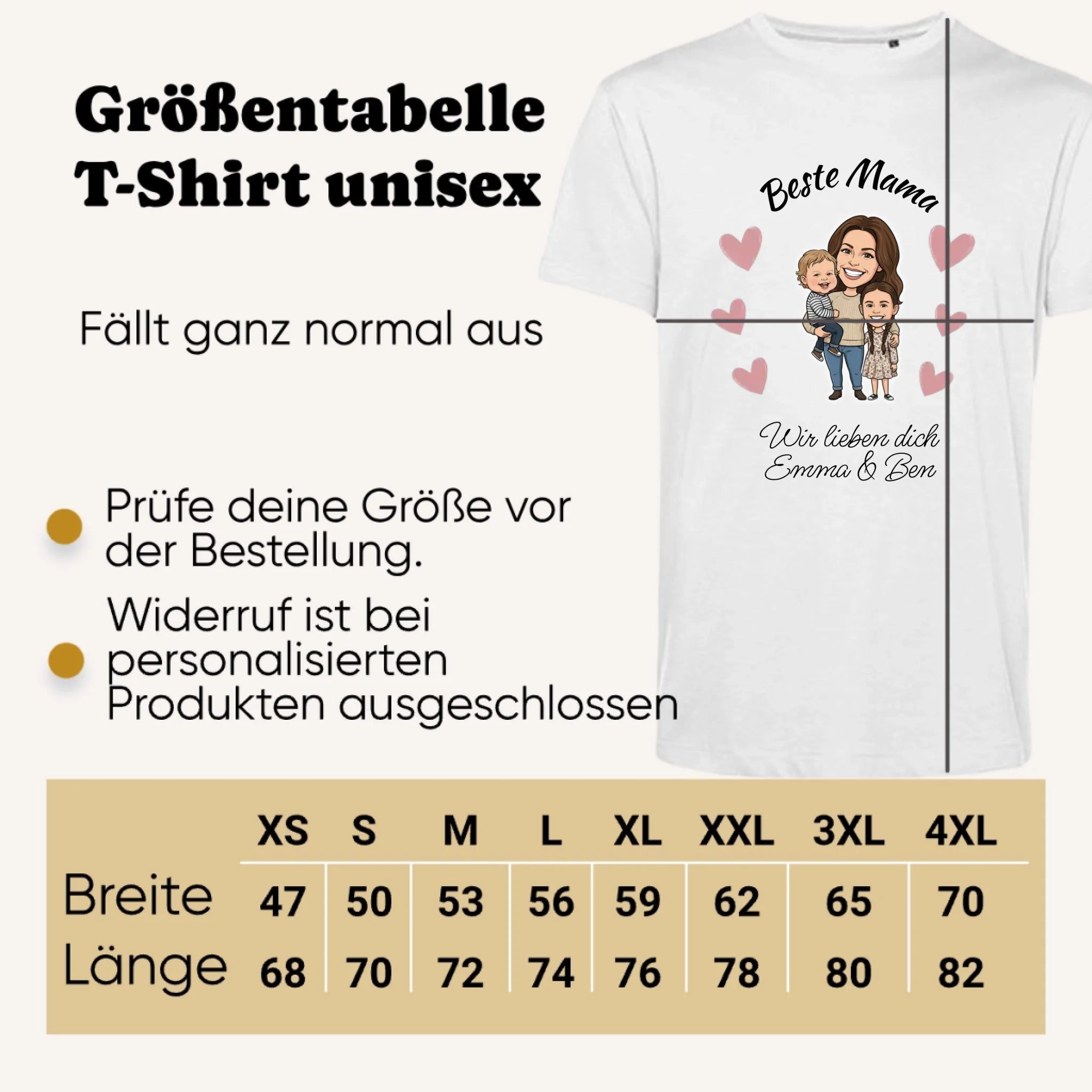 Personalisiertes T-shirt unisex - Größentabelle