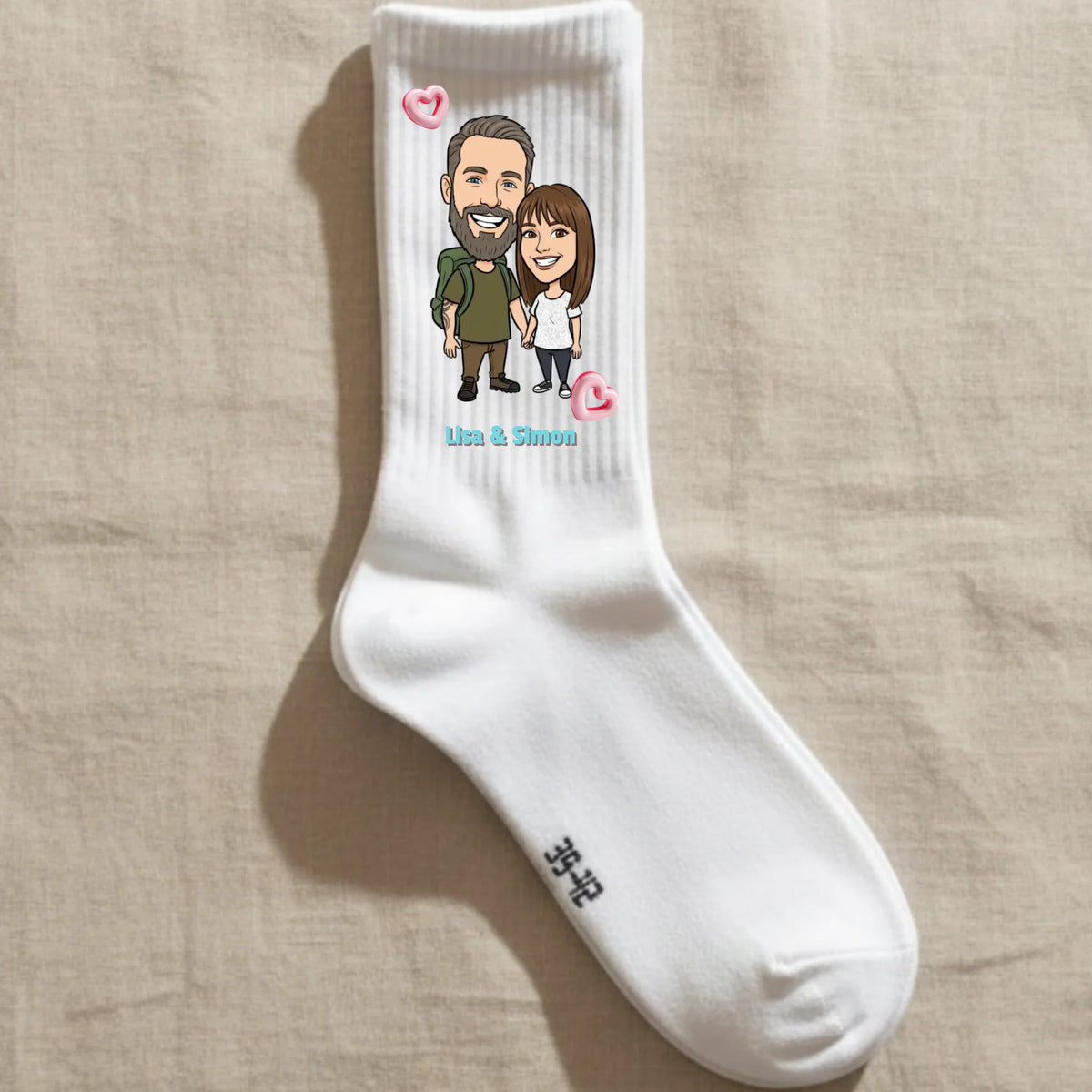 Socken mit Foto und Namen im Big Head Comic Stil