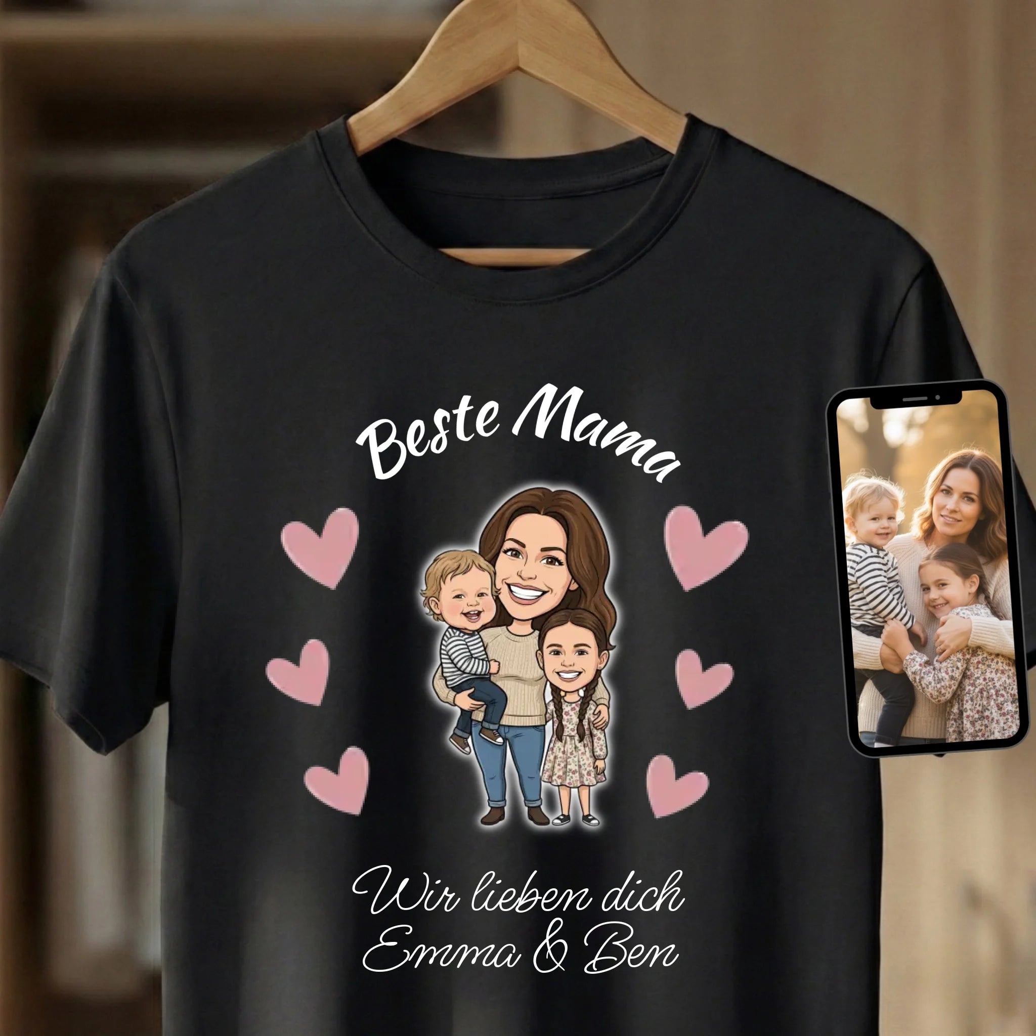 Beste Mama T-Shirt personalisiert mit Foto im Comic Stil Nah Black