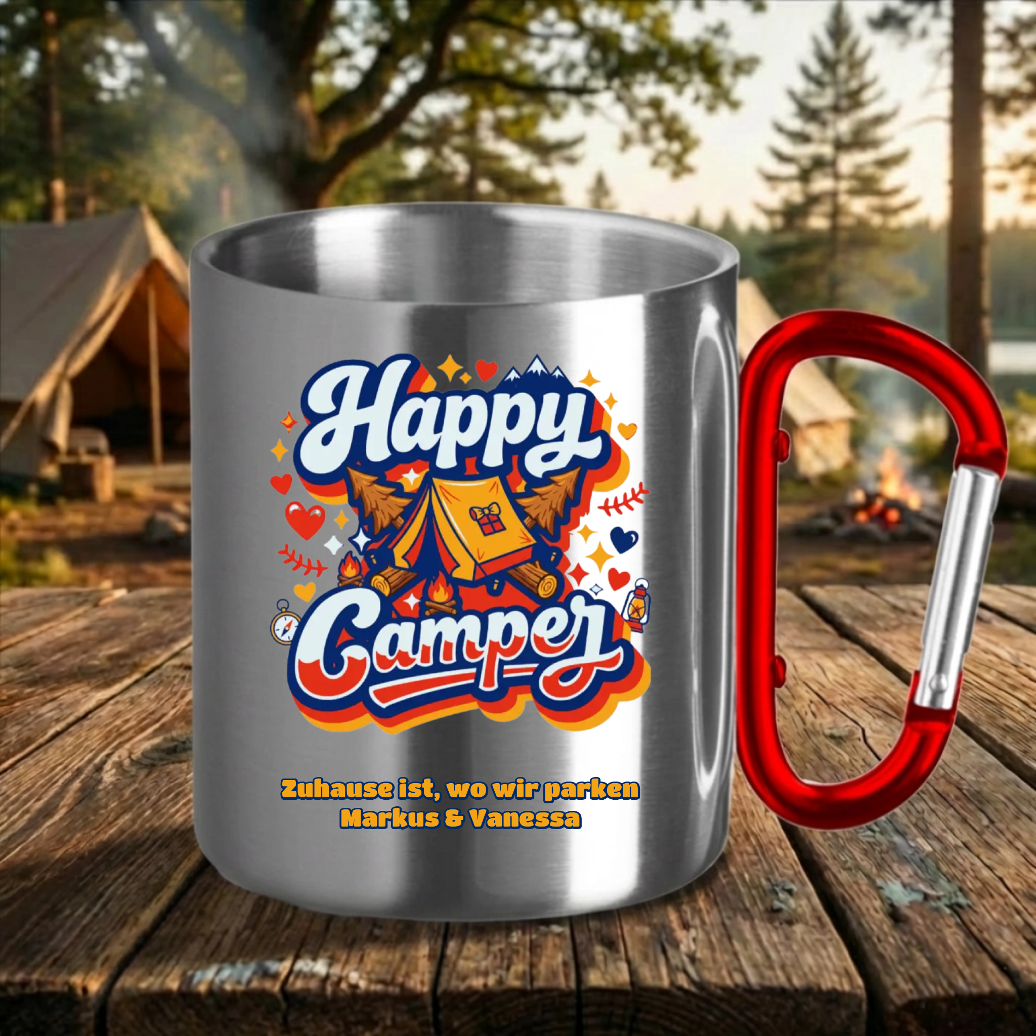 Personalisierte Camping Tasse mit Karabiner