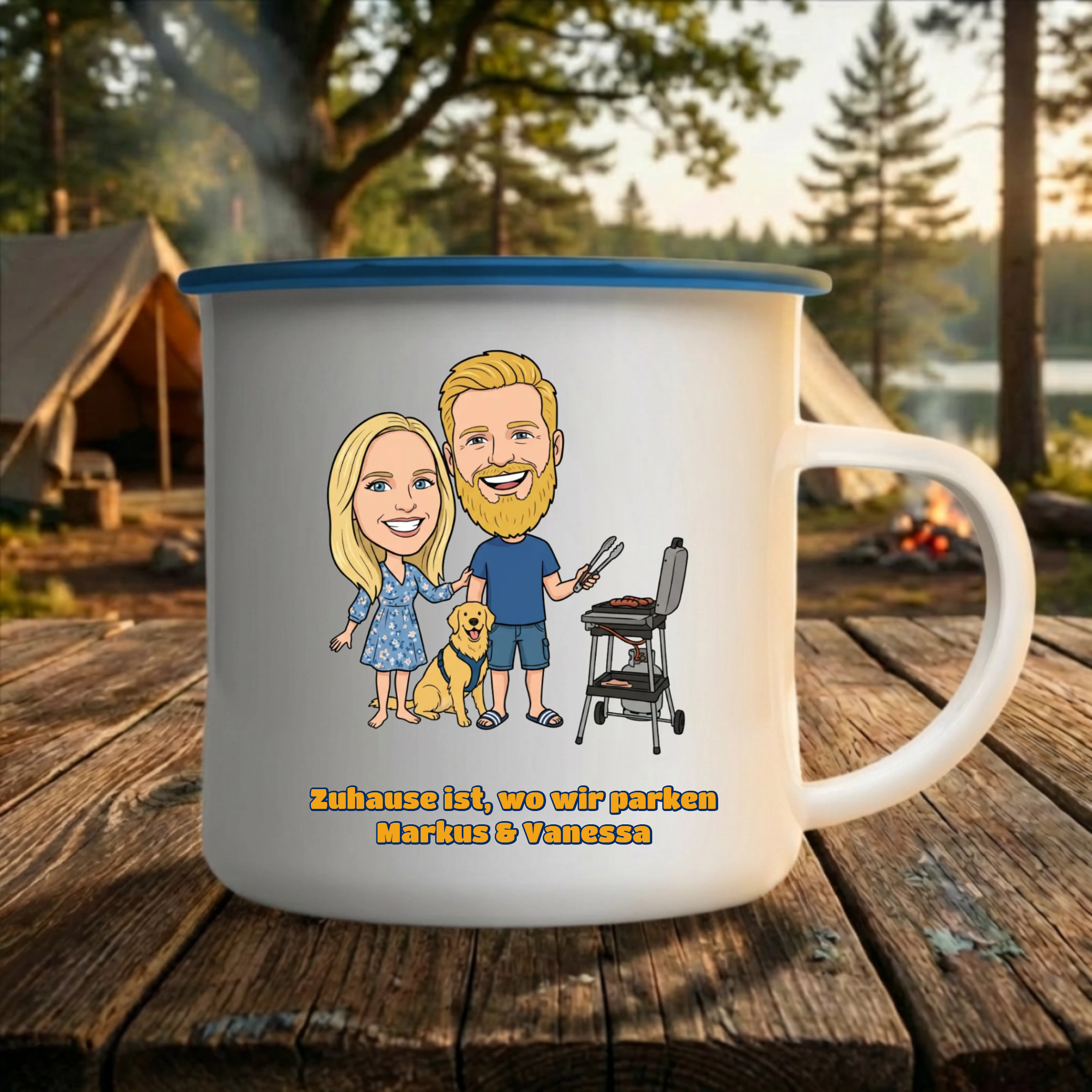 Camping Tasse Emaille personalisiert mit Foto im Comic Stil Blauer Rand