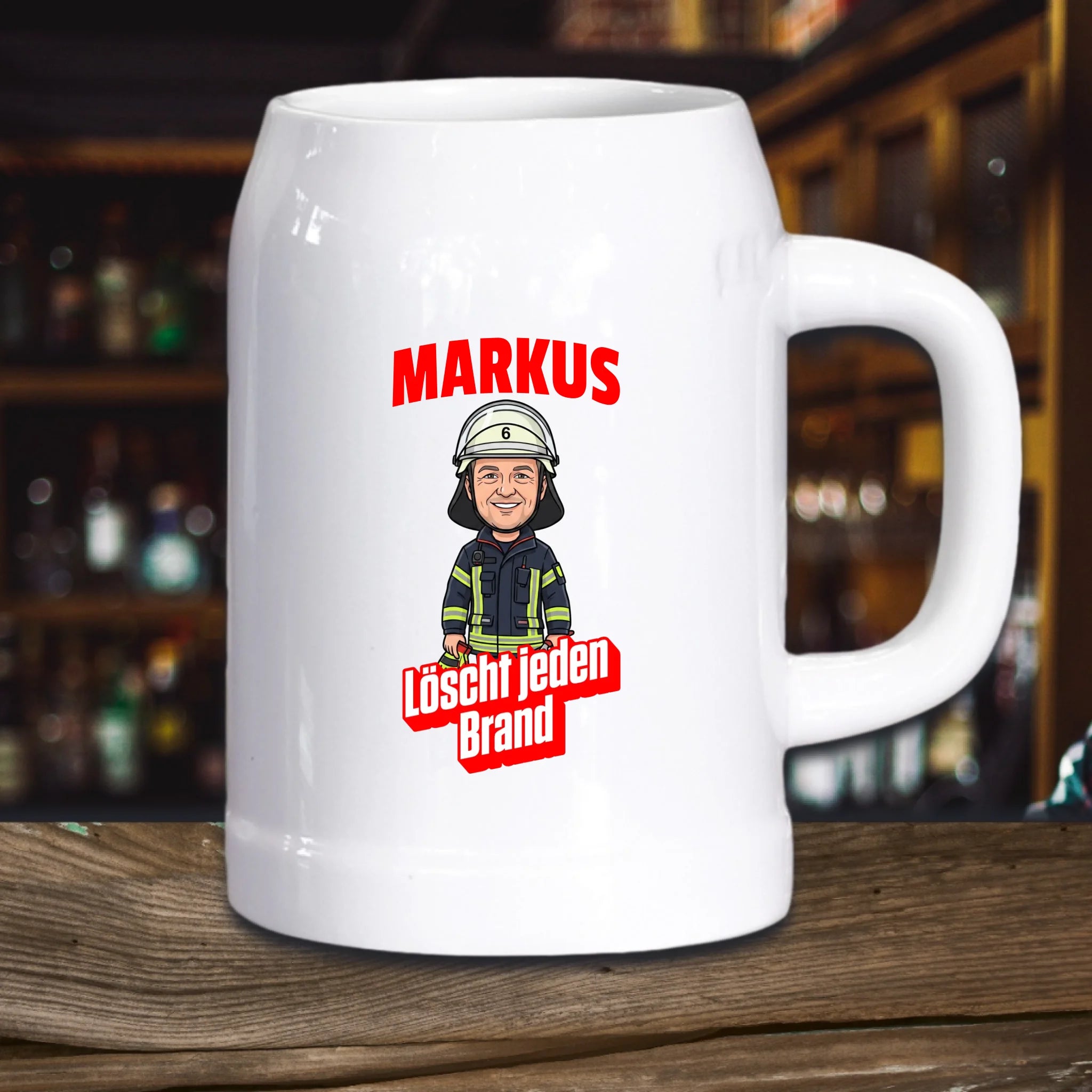 Feuerwehr Bierkrug mit Foto und Name personalisiert
