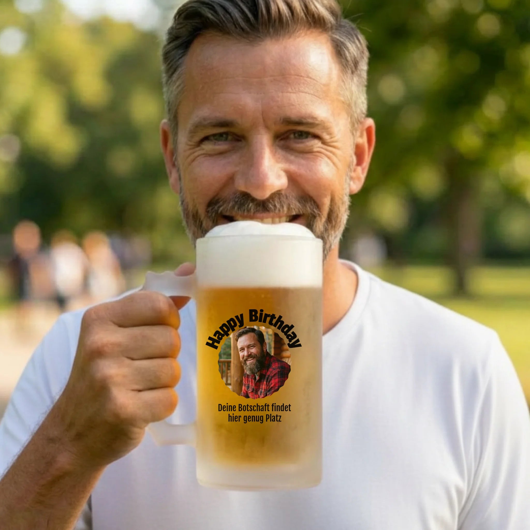 Foto Glas Bierkrug Satiniert mit Text personalisiert - Happy Birthday