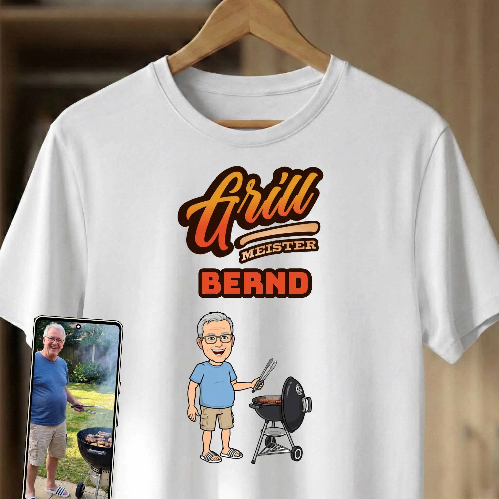 Grill T-Shirt personalisiert mit Namen und Bild im Comic Stil Big Head white