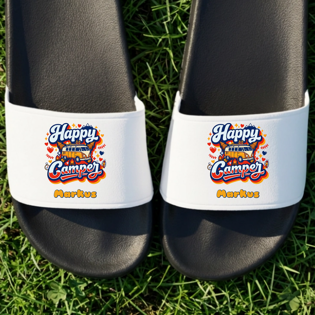 Happy Camper Badelatschen personalisiert Schwarz