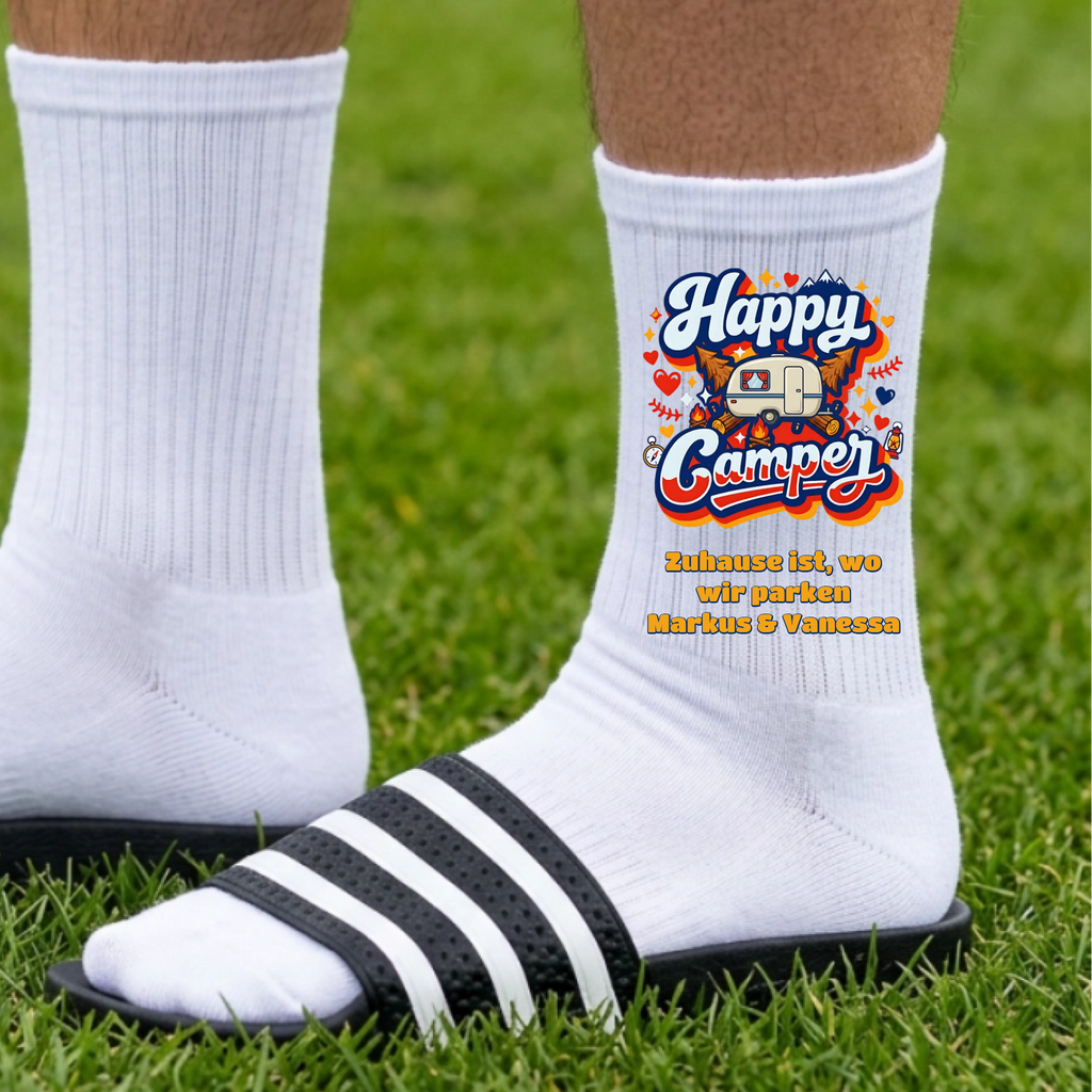 Happy Camper Socken personalisiert - Camping Weiss