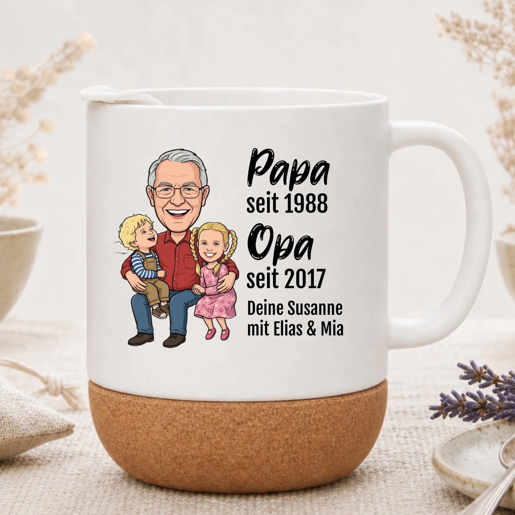 Opa seit Tasse personalisiert mit Foto im Comic Stil Big Head - Kork Boden