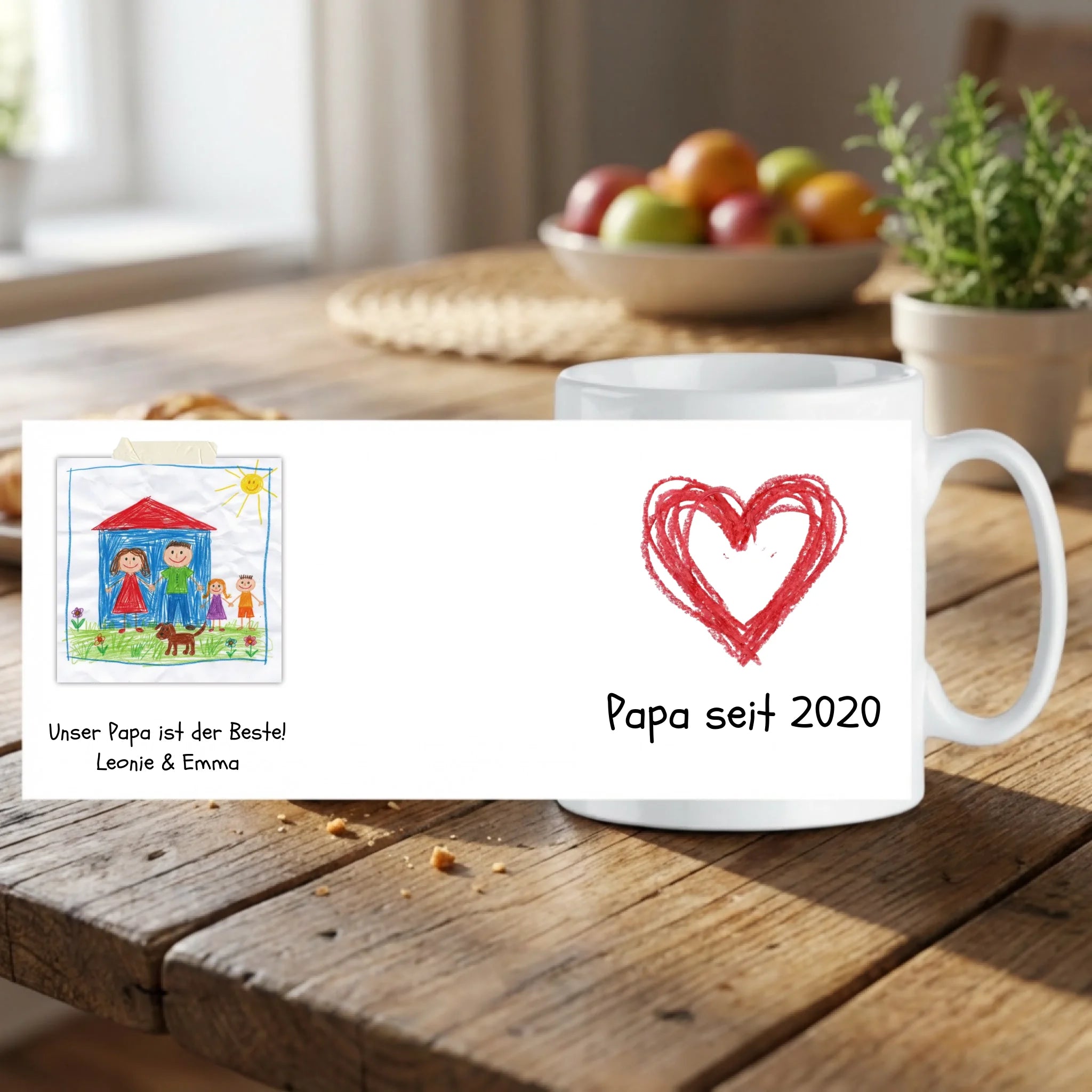 Personalisierte Tasse mit Kinderzeichnung für Mama und Papa Aufriss