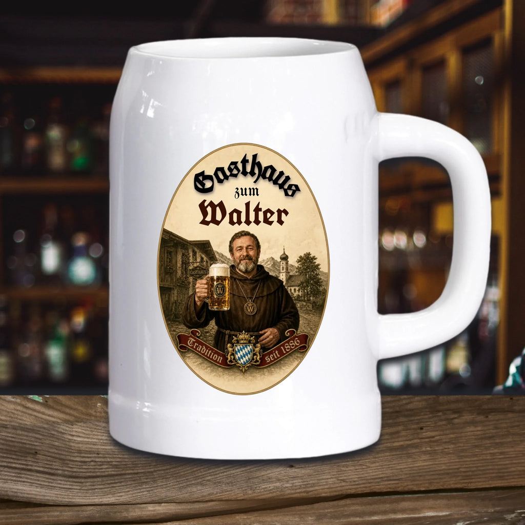 Personalisierter Brauerei Bierkrug im Gasthaus Design mit Foto und Name - Stein