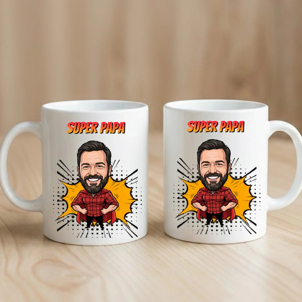 Superheld Papa Tasse personalisiert im Comic Stil Back and Front