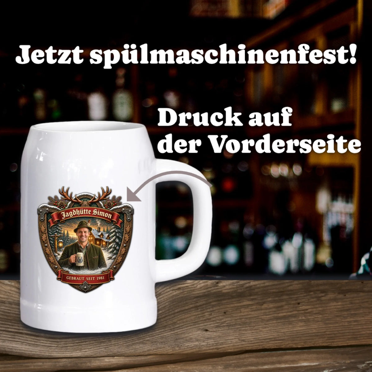Weihnachtlicher Bierkrug im Jagd Design personalisiert – Bierkrug Steingut 0,5 l