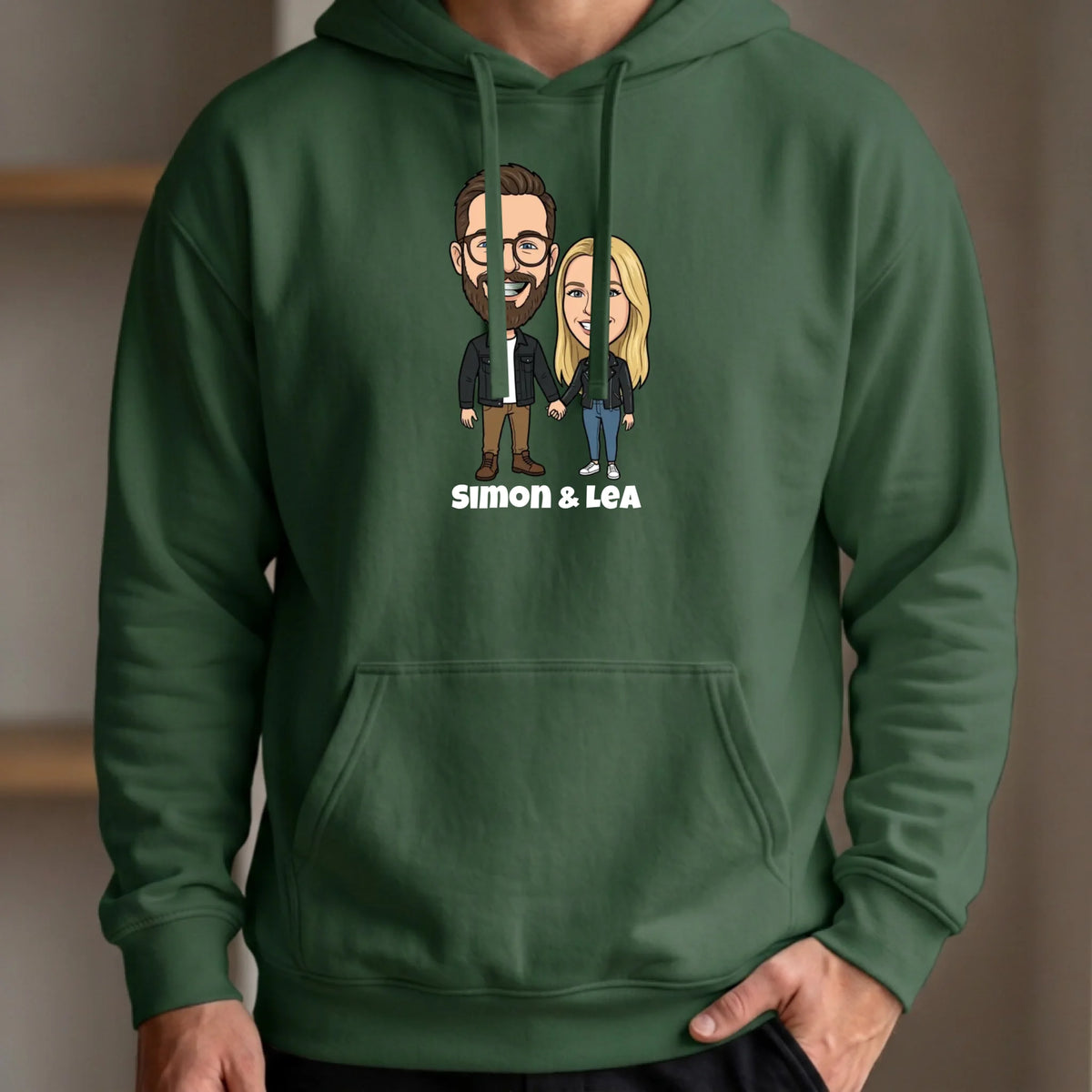 Comic Pullover im Big Head Stil mit deinem Foto – Hoodie bottle green vorn