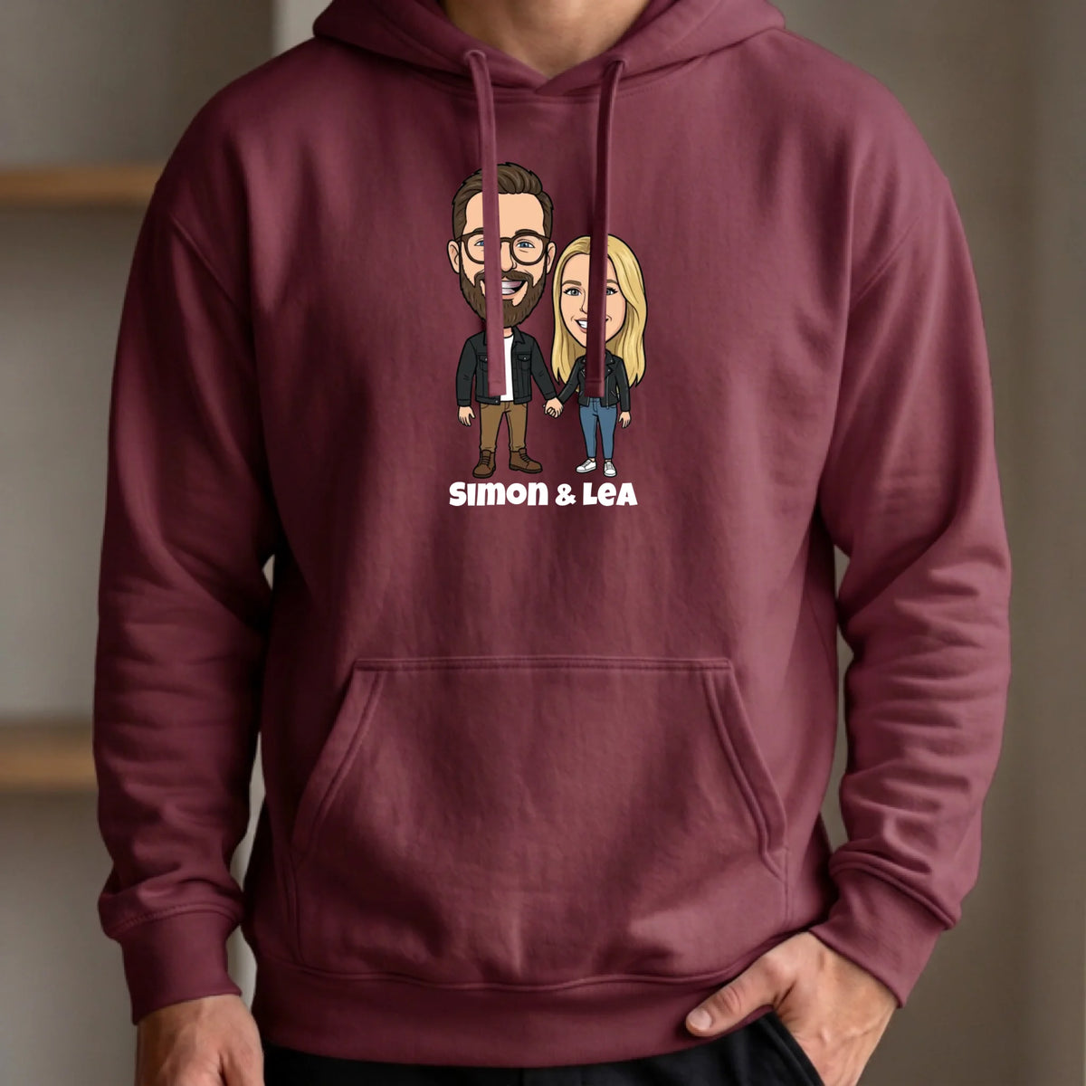 Comic Pullover im Big Head Stil mit deinem Foto – Hoodie burgund vorn
