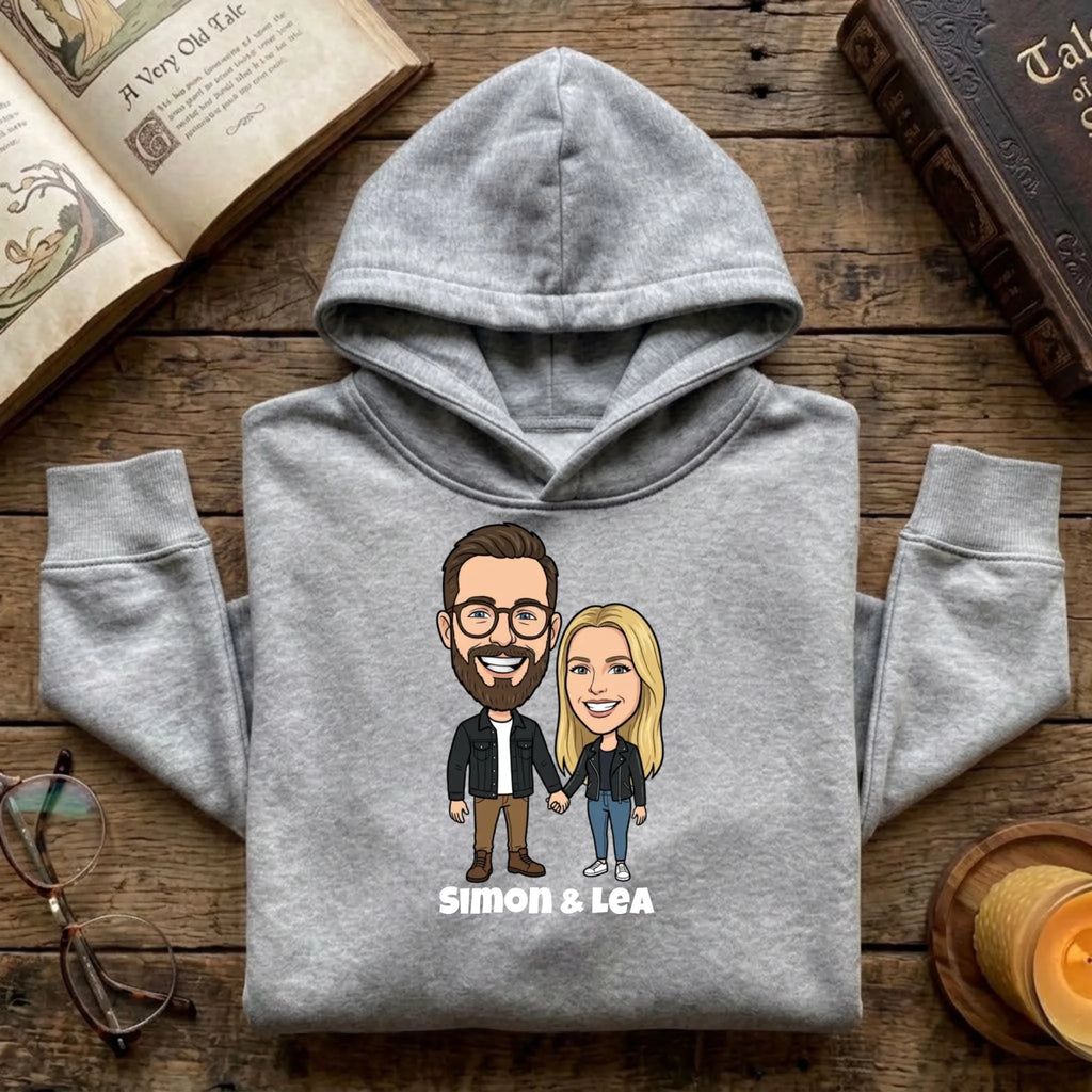 Comic Pullover im Big Head Stil mit deinem Foto – Hoodie grau
