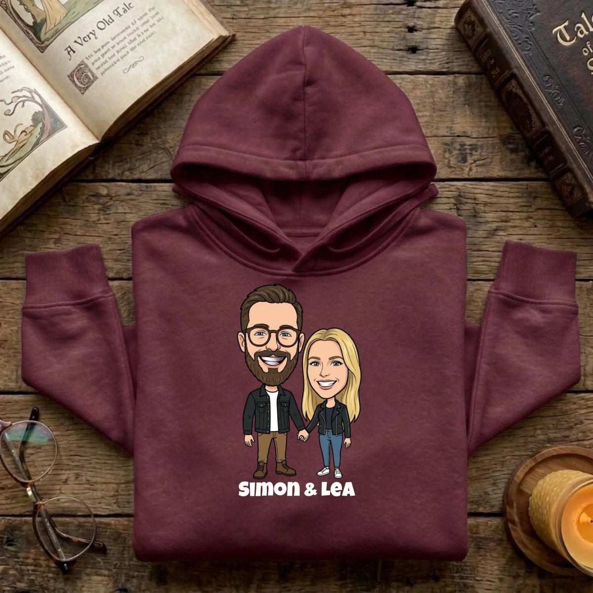 Comic Pullover im Big Head Stil mit deinem Foto – Pullover burgund