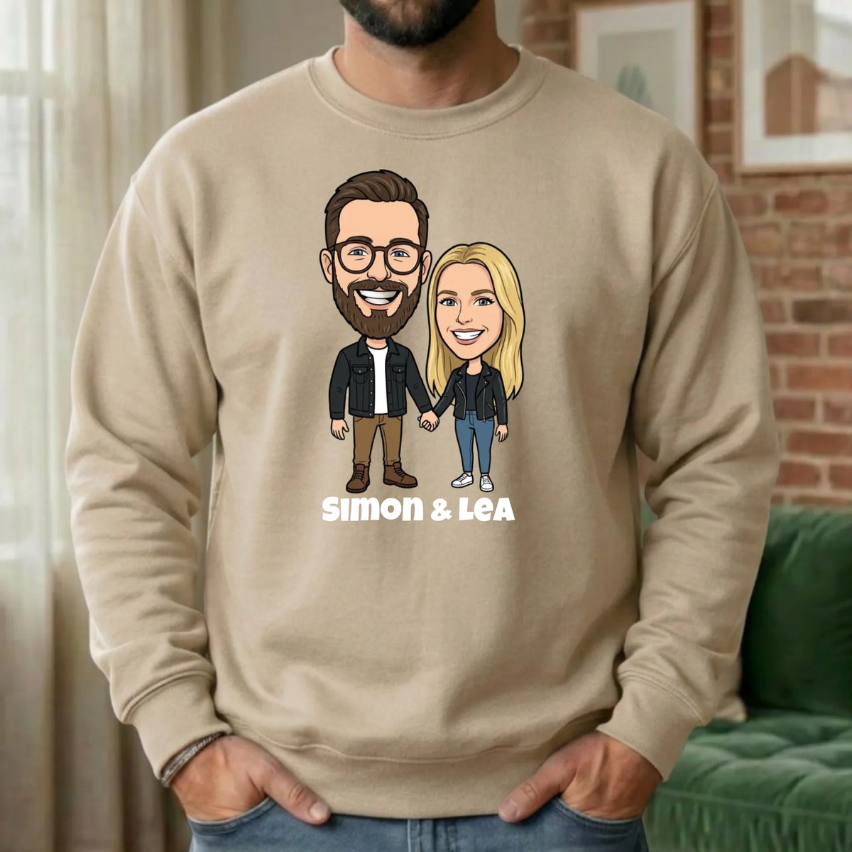 Comic Pullover im Big Head Stil mit deinem Foto – Sweater beige