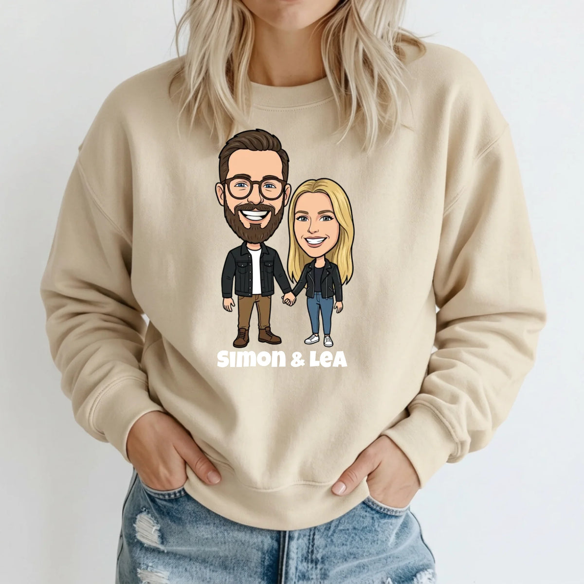 Comic Pullover im Big Head Stil mit deinem Foto – Sweater beige