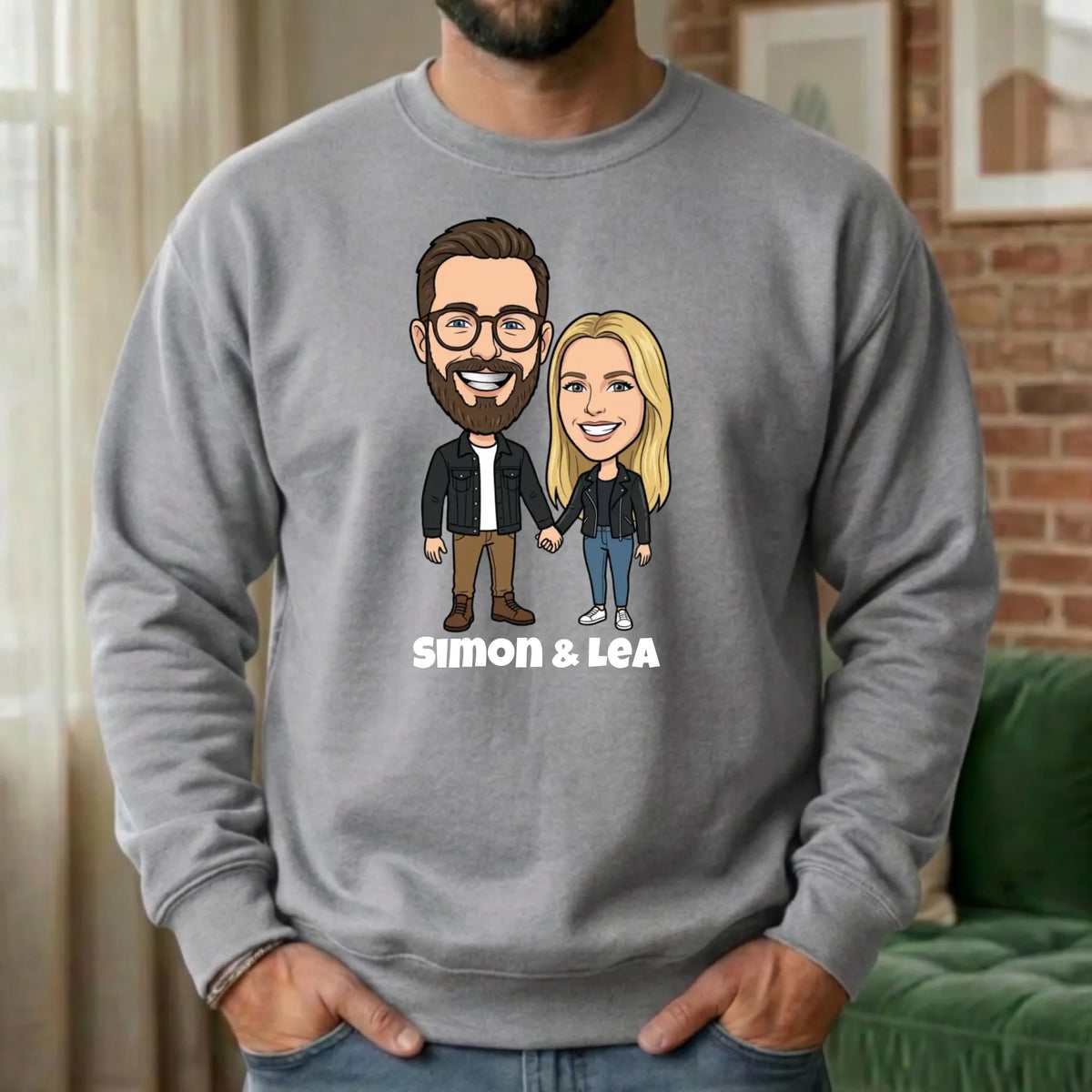 Comic Pullover im Big Head Stil mit deinem Foto – Sweater grau