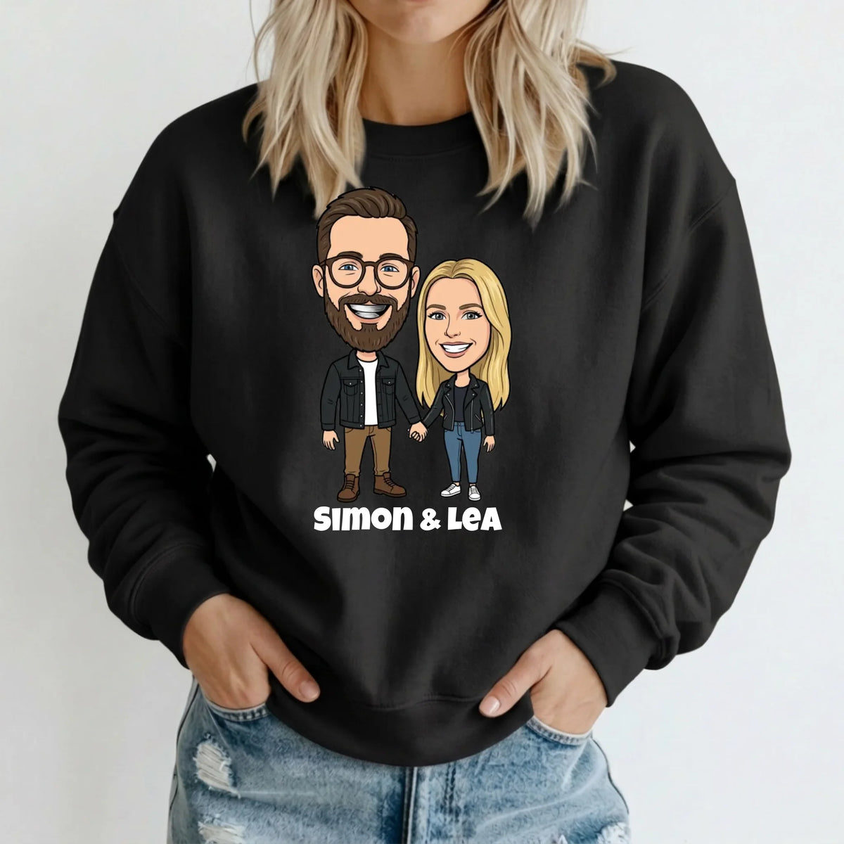 Comic Pullover im Big Head Stil mit deinem Foto – Sweater schwarz