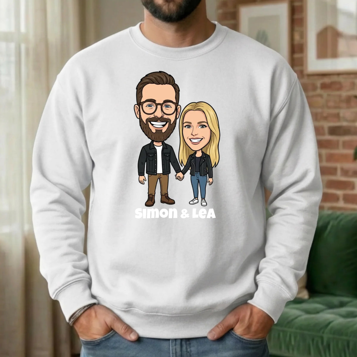 Comic Pullover im Big Head Stil mit deinem Foto – Sweater weiß