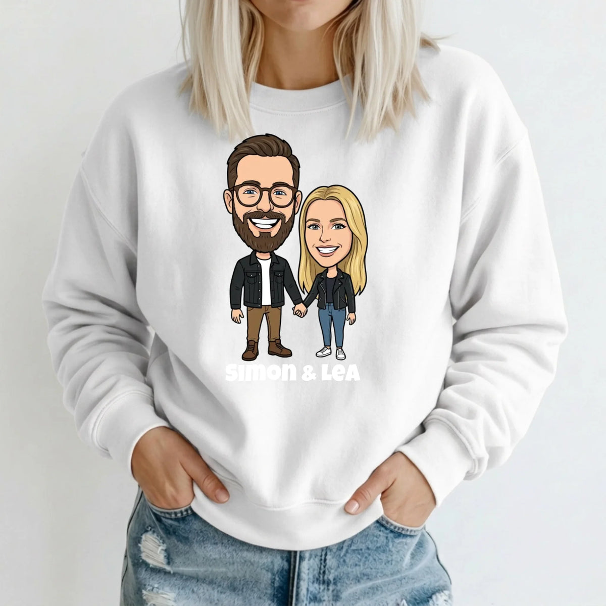 Comic Pullover im Big Head Stil mit deinem Foto – Sweater weiß