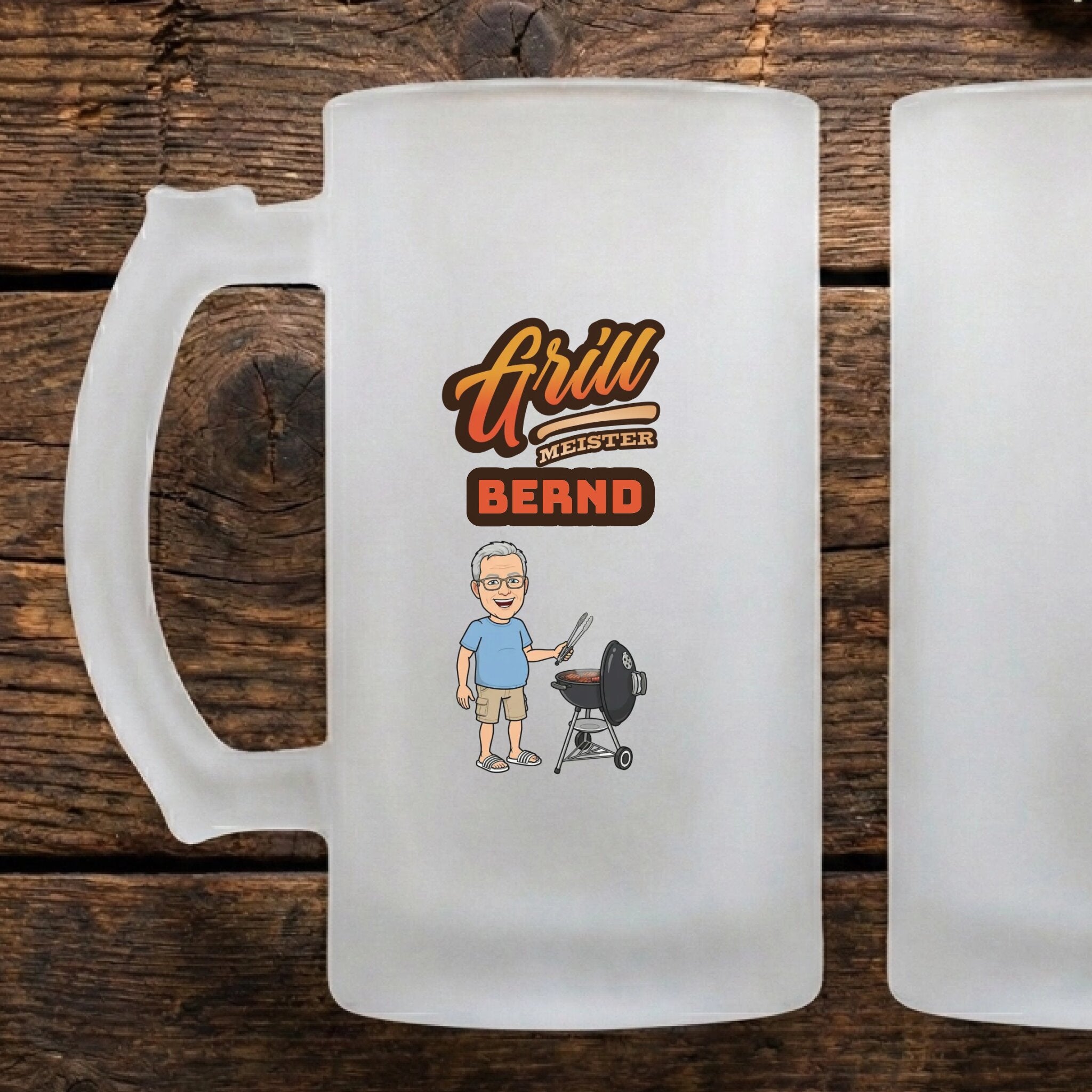 Grill Bierkrug personalisiert mit Foto und Namen im Comic Design