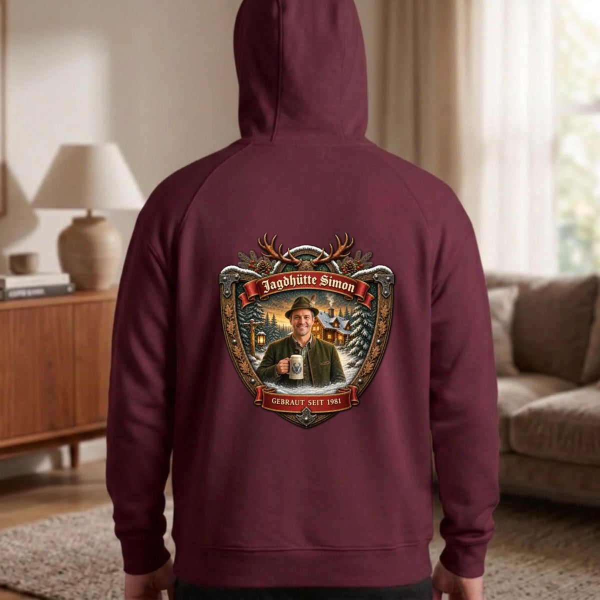 Jagd Design Pullover mit deinem Foto personalisiert – Hoodie burgund