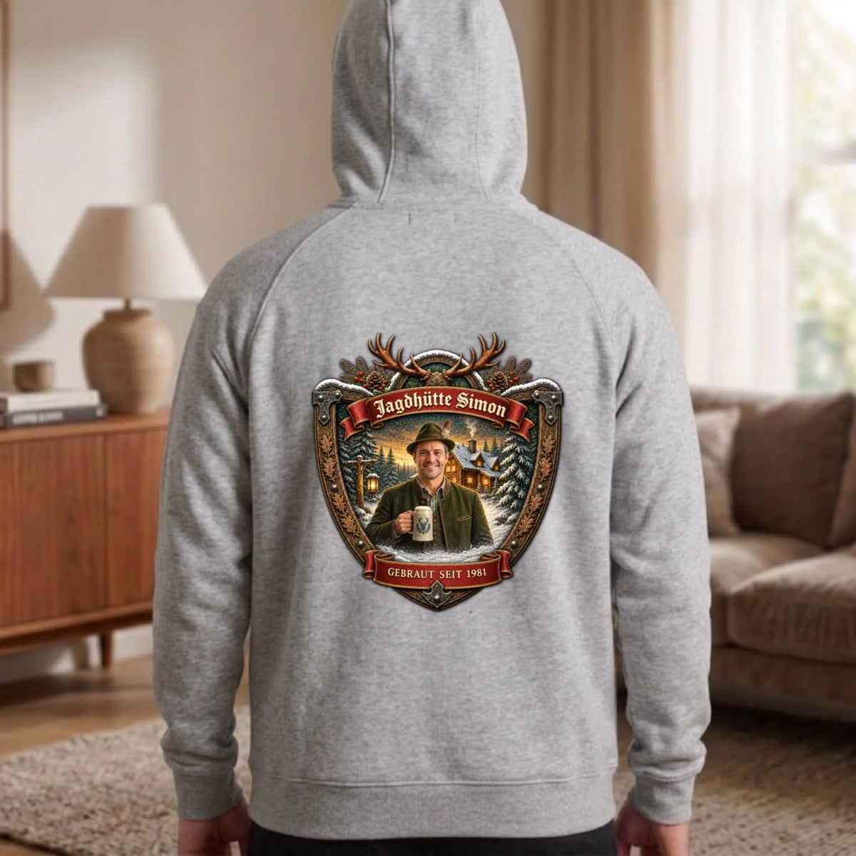 Jagd Design Pullover mit deinem Foto personalisiert – Hoodie grau Rücken