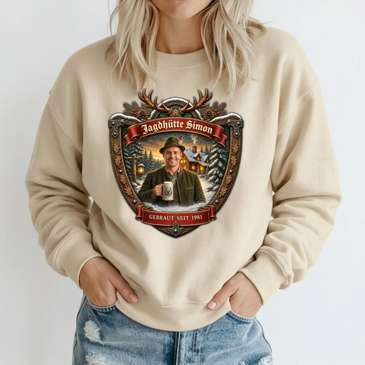 Jagd Design Pullover mit deinem Foto personalisiert – Sweater beige