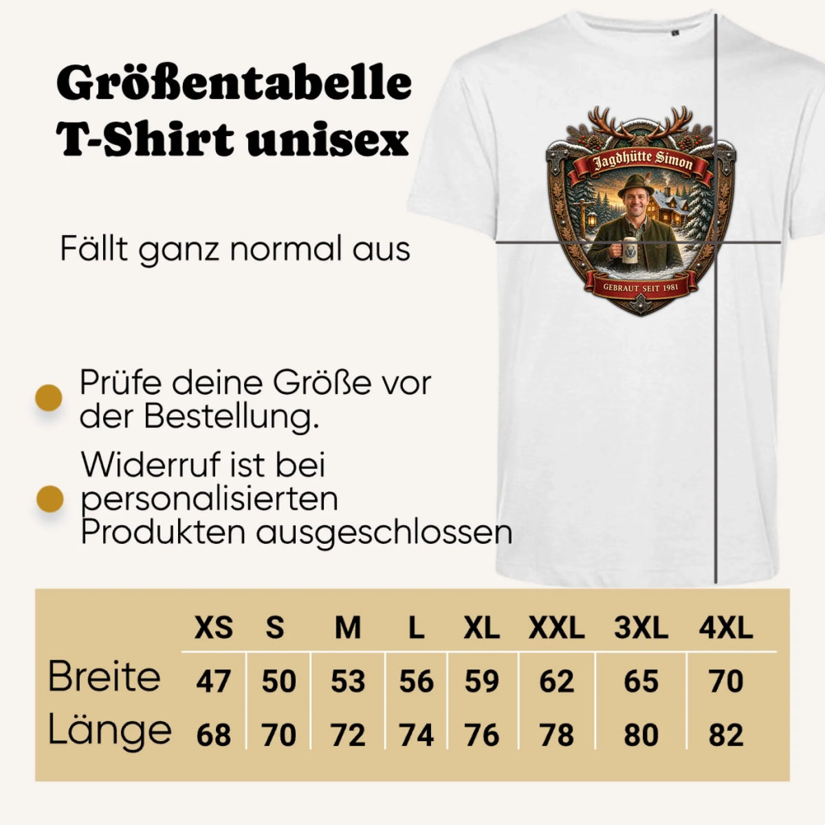 Jagd Design T-Shirt mit deinem Foto – T-Shirt unisex Größentabelle