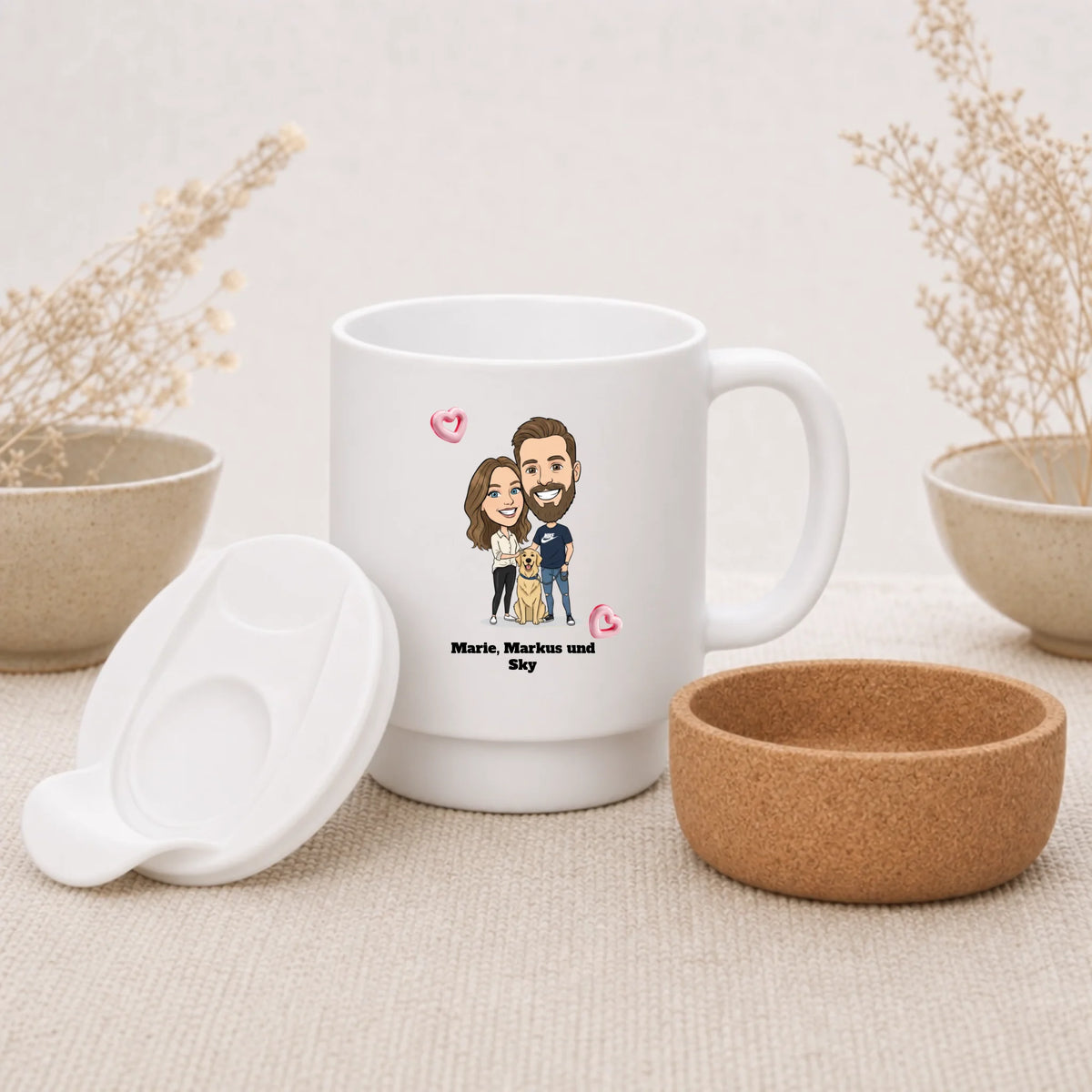 Personalisierte Korktasse mit Foto im Comic Stil Big Head – Korkboden – Geschenk zum Geburtstag