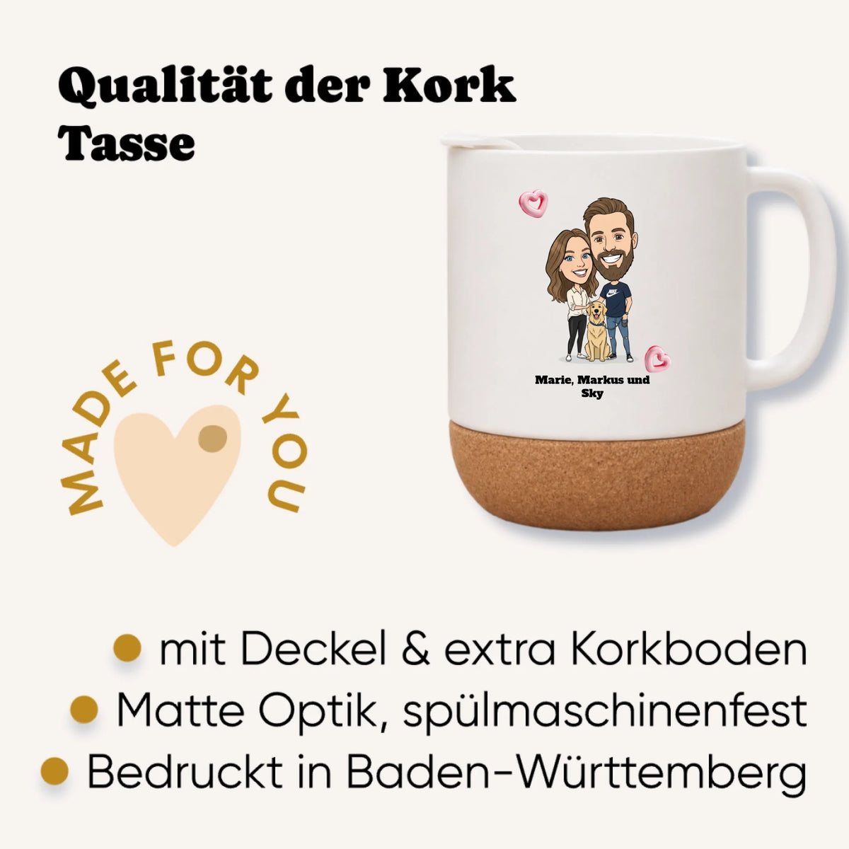 Personalisierte Korktasse mit Foto im Comic Stil Big Head – am Schreibtisch – Geschenk zum Studium