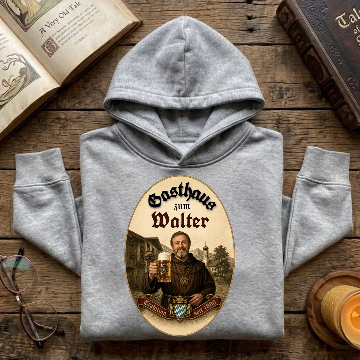 Personalisierter Hoodie im Gasthaus Design mit Foto – grau – Geschenk zum Geburtstag