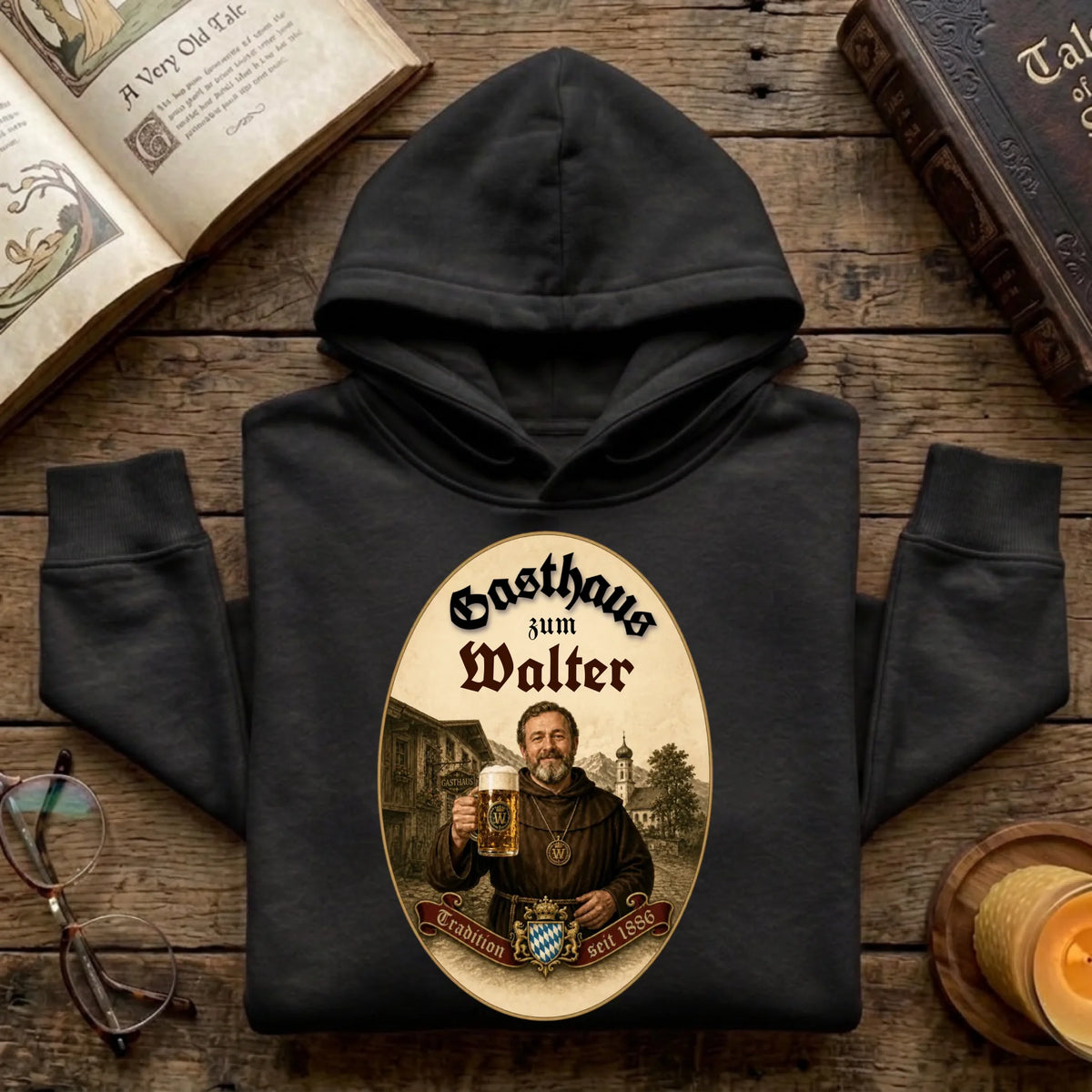 Personalisierter Hoodie im Gasthaus Design mit Foto – schwarz – Geschenk für Papa