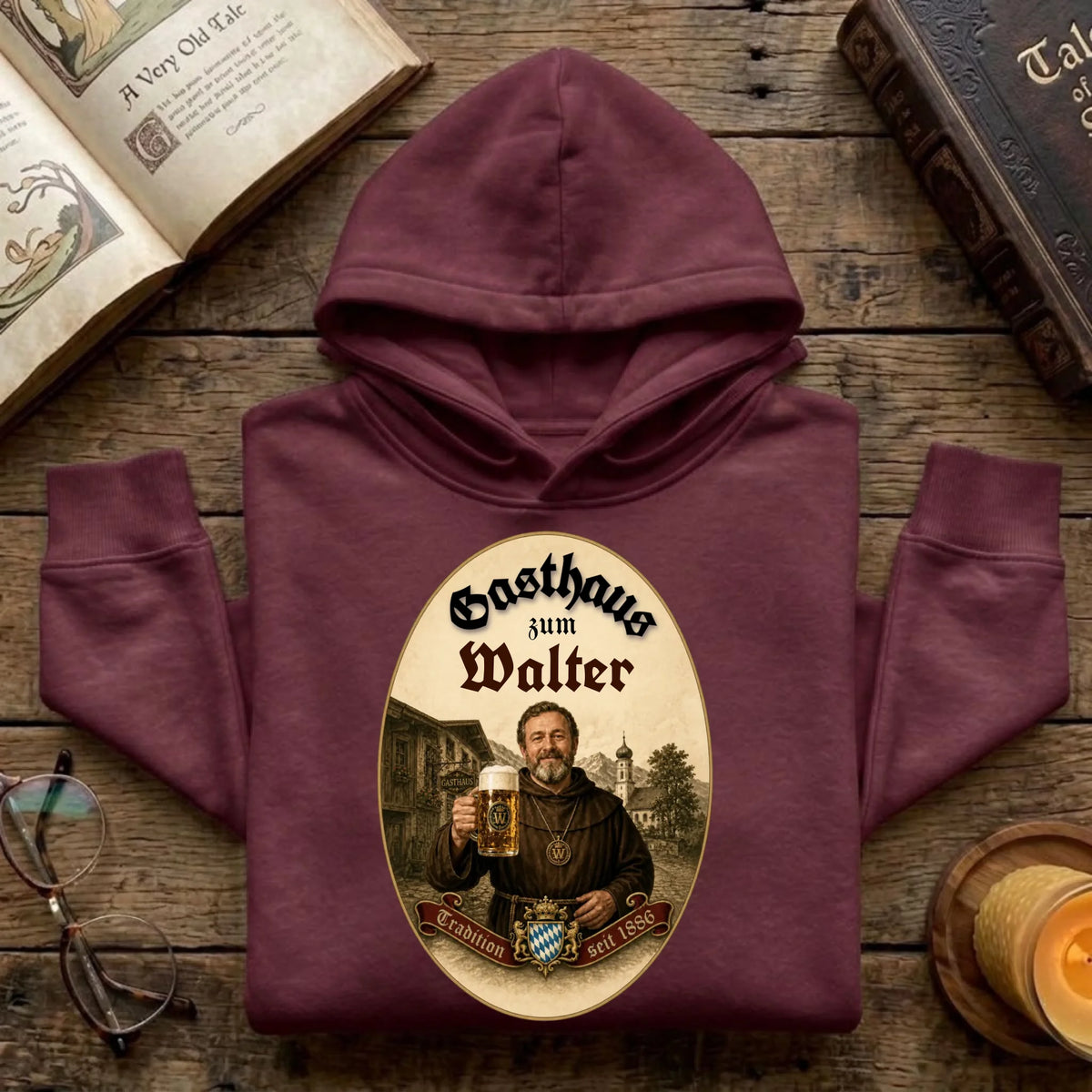 Personalisierter Pullover im Gasthaus Design mit Foto – burgund – Geschenk für Papa