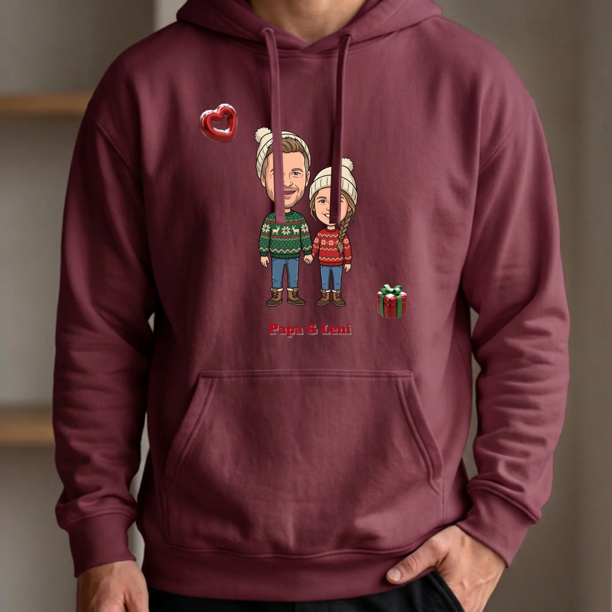 Personalisierter Weihnachtspullover mit Foto im Comic Stil Big Head – Hoodie burgund – Weihnachtsgeschenk für Familie