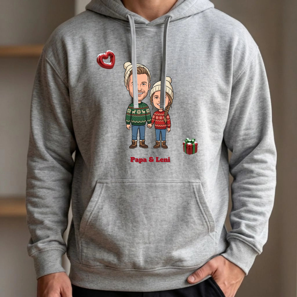 Personalisierter Weihnachtspullover mit Foto im Comic Stil Big Head – Hoodie grau vorne – Weihnachtsgeschenk für Paare