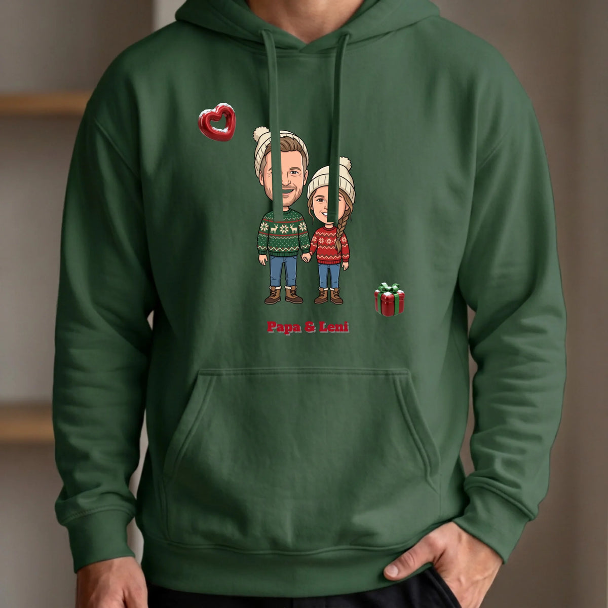Personalisierter Weihnachtspullover mit Foto im Comic Stil Big Head – Hoodie bottle green – Weihnachtsgeschenk