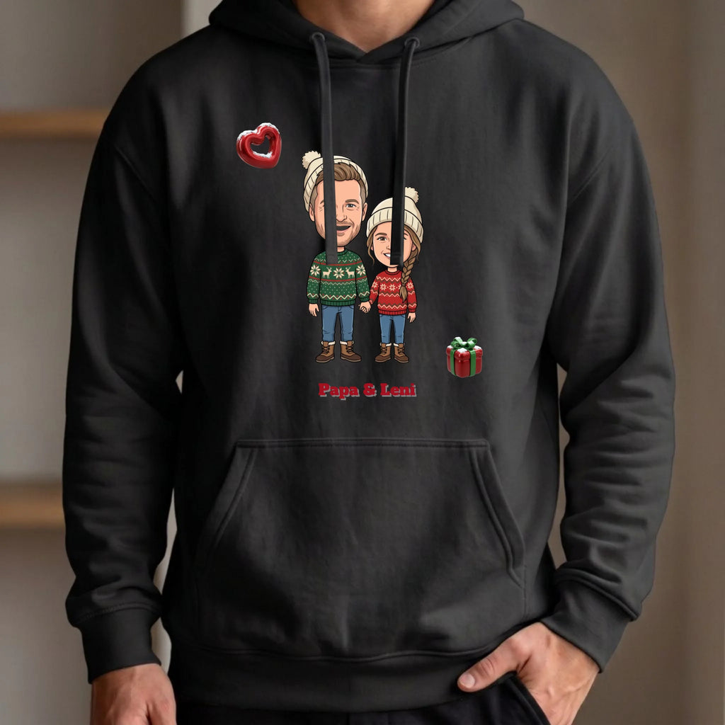 Personalisierter Weihnachtspullover mit Foto im Comic Stil Big Head – Hoodie schwarz – Weihnachtsgeschenk für Partner