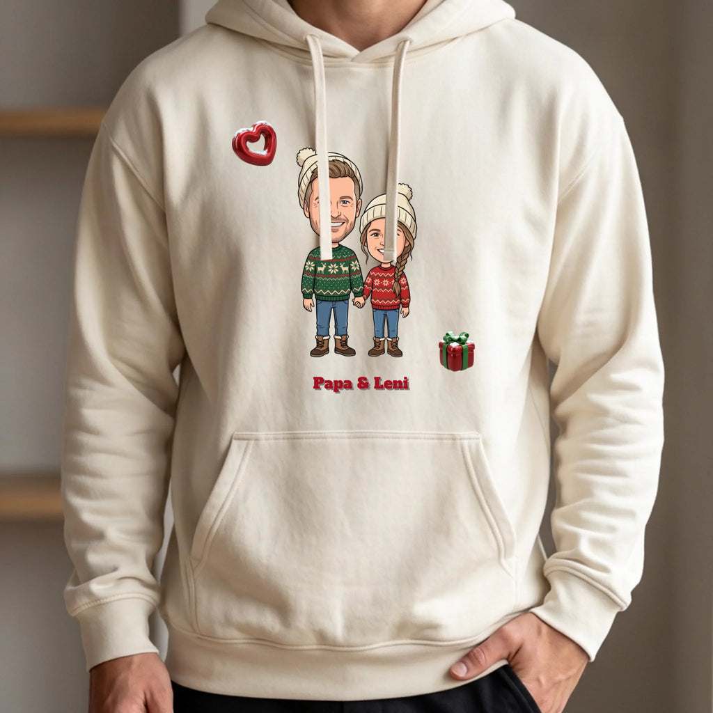 Personalisierter Weihnachtspullover mit Foto im Comic Stil Big Head – Hoodie weiß – Weihnachtsgeschenk