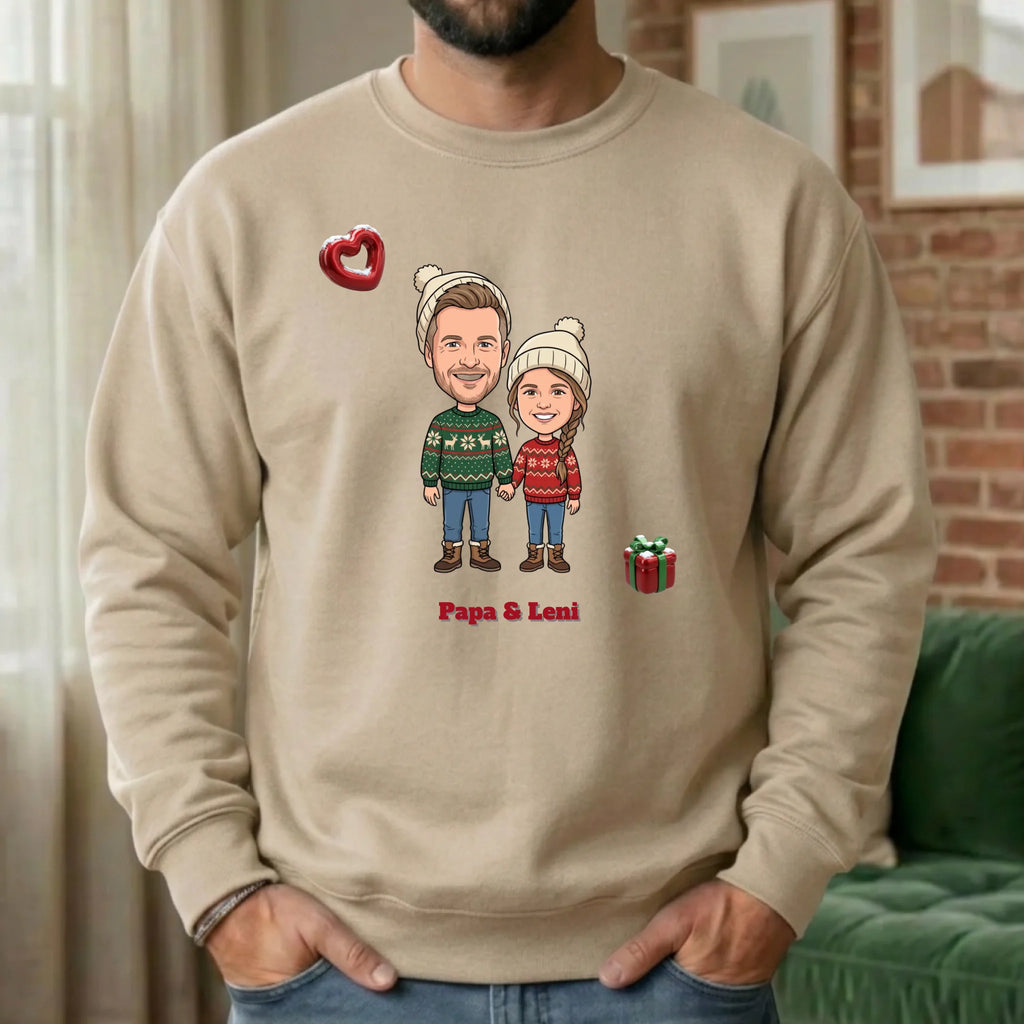 Personalisierter Weihnachtspullover mit Foto im Comic Stil Big Head – Sweater beige Detail – Weihnachtsgeschenk