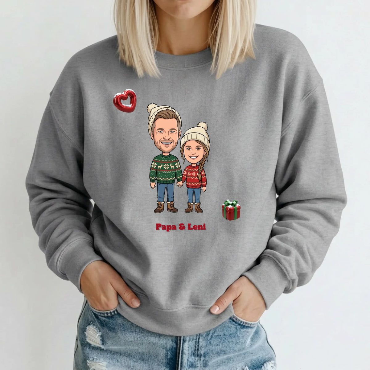 Personalisierter Weihnachtspullover mit Foto im Comic Stil Big Head – Sweater grau – Weihnachtsgeschenk