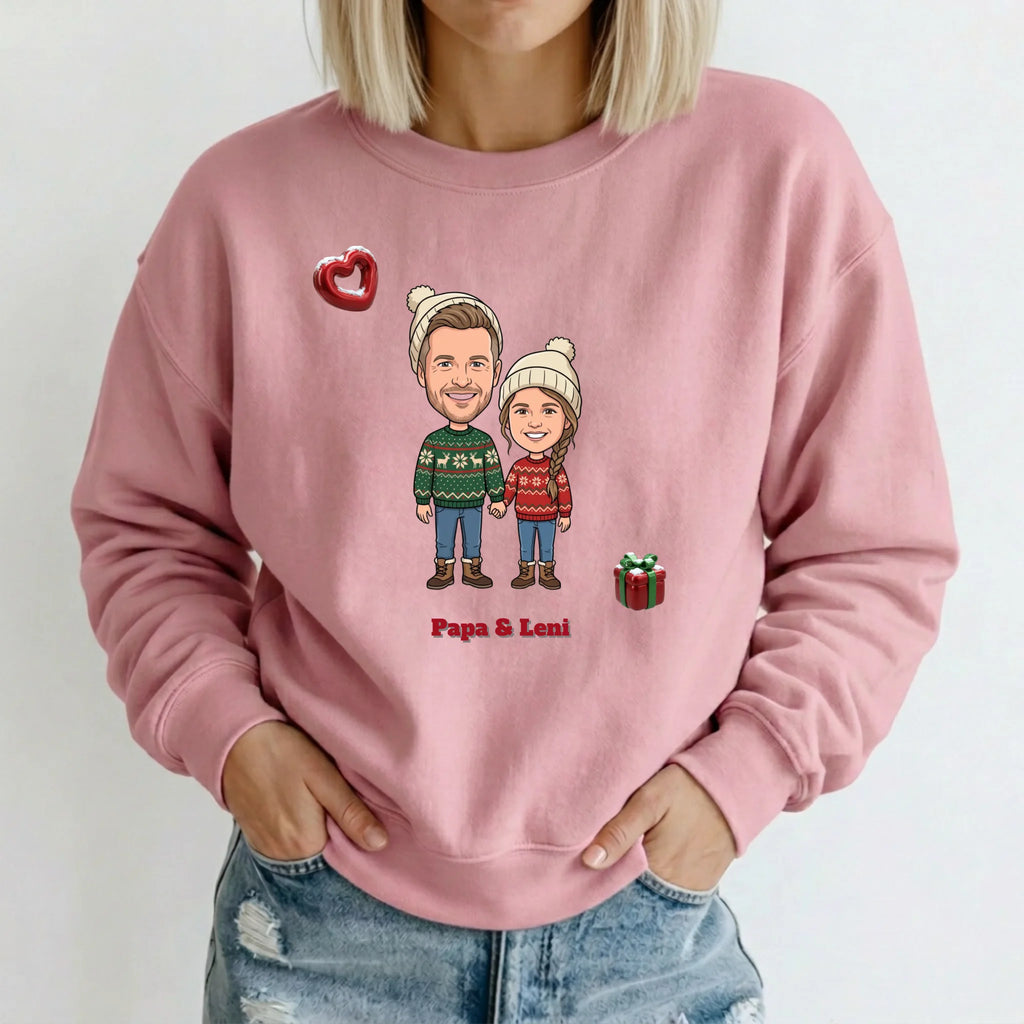 Personalisierter Weihnachtspullover mit Foto im Comic Stil Big Head – Sweater rosa – Weihnachtsgeschenk für Freundin