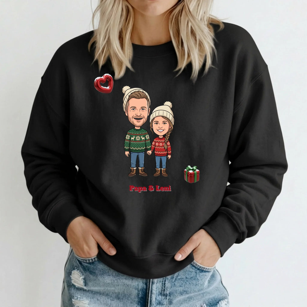 Personalisierter Weihnachtspullover mit Foto im Comic Stil Big Head – Sweater schwarz – Weihnachtsgeschenk für Partner