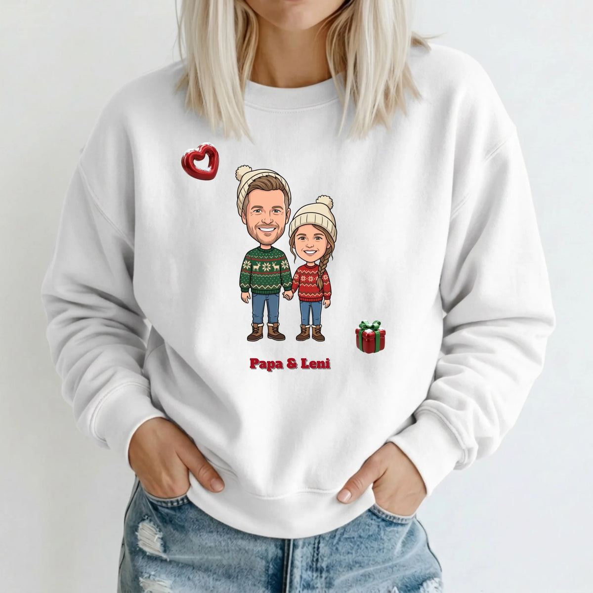 Personalisierter Weihnachtspullover mit Foto im Comic Stil Big Head – Sweater weiß – Weihnachtsgeschenk für Paare