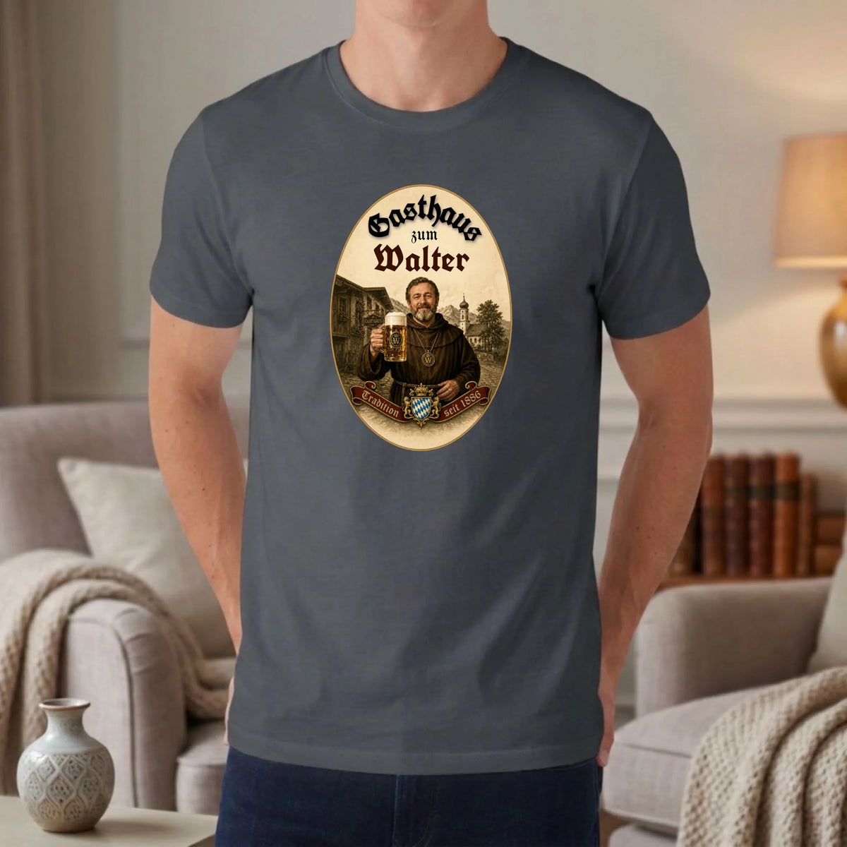 Personalisiertes T-Shirt im Gasthaus Design mit Foto und Namen – asphalt – Geschenk für Papa