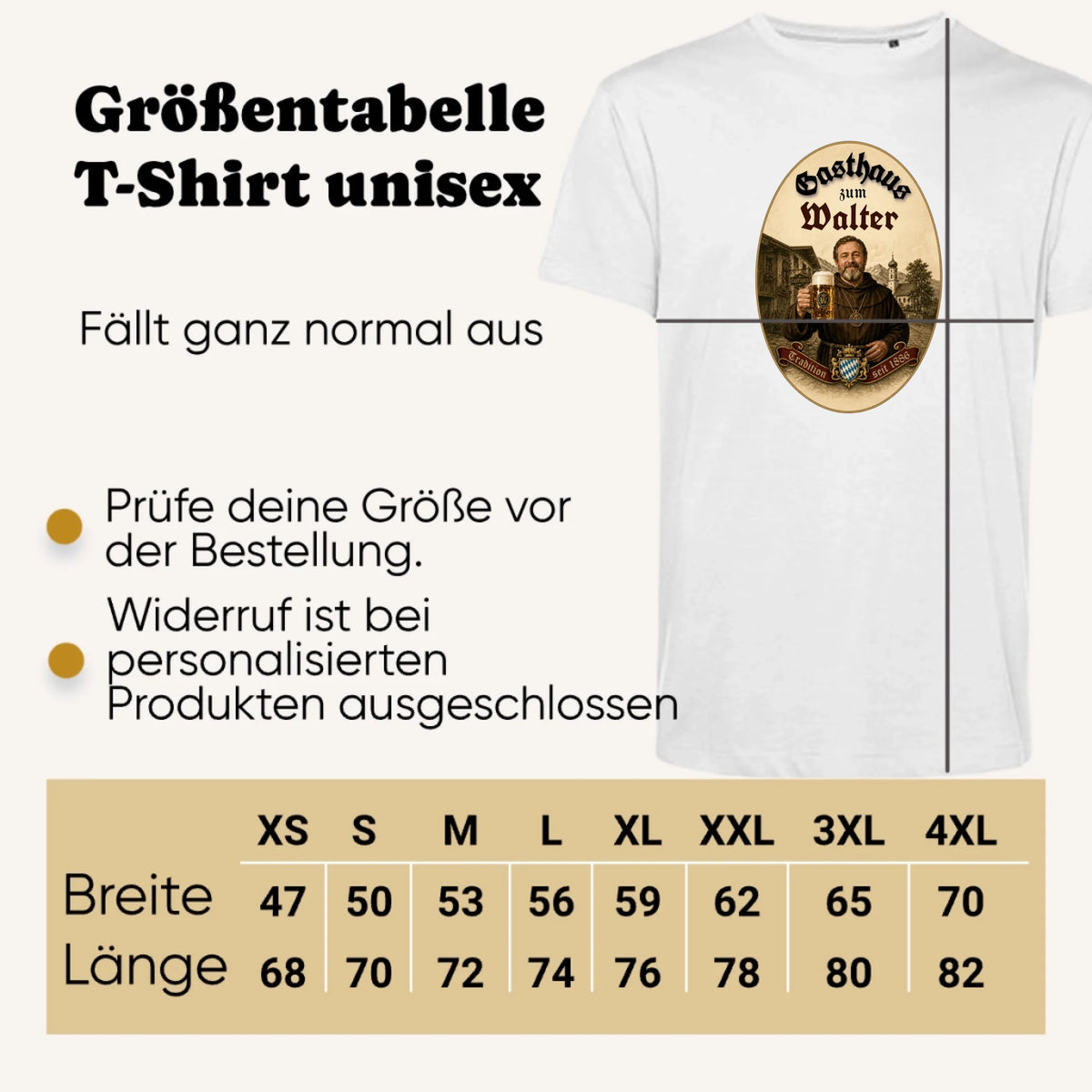 Personalisiertes T-Shirt im Gasthaus Design – Größentabelle
